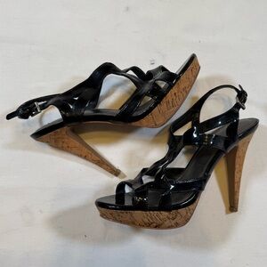 Audrey Brooke Platform Elegant High Black Patent Leather Strappy Heels